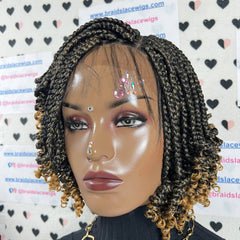 Short Curly Curled Box Braids Glueless Braided Lace Front Braid Wig 1b/27 Ombre