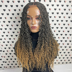 Top Cornrows Box Braids 2x6 Lace Closure Wavy Curls Curly Braided Wig Ombre 27