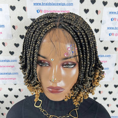 Short Curly Curled Box Braids Glueless Braided Lace Front Braid Wig 1b/27 Ombre