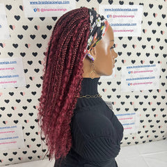Pelucas con diadema trenzadas, trenzas de caja de diosa con pelo rizado sintético, rojo burdeos