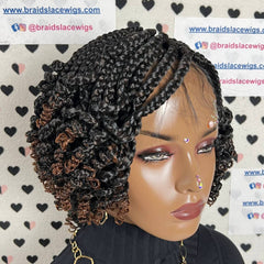 Handmade Box Braid Braided Lace Front Wig With Short Curly End Color 1b/30 Ombre