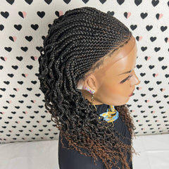 All Back Cornrows Fulani Feeding Box Braids Wavy Curls Braided Lace Frontal Curly Wig