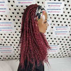 Pelucas con diadema trenzadas, trenzas de caja de diosa con pelo rizado sintético, rojo burdeos