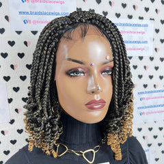Short Curls Box Braids Braided Lace Front Wig With Curly Ends Color 1b/27 Ombre
