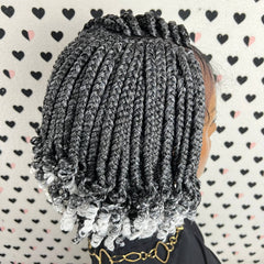 Handmade Box Braids Short Curls Braided Lace Front Wig With Curly Ends Grey