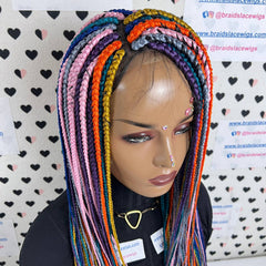 Box Braid Lace Front Hand Braided Wig Multi Color Braids Handmade Wigs For Women
