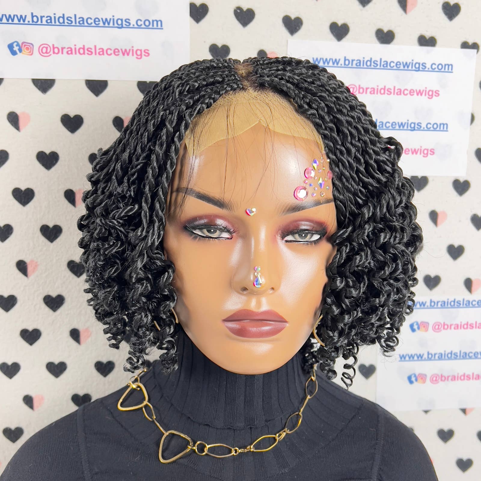 Short Curly Senegalese Rope Twist Braid Twisted Braided Lace Closure Wigs Black