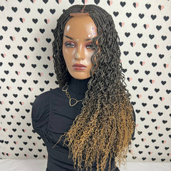 Top Cornrows Box Braids 2x6 Lace Closure Wavy Curls Curly Braided Wig Ombre 27