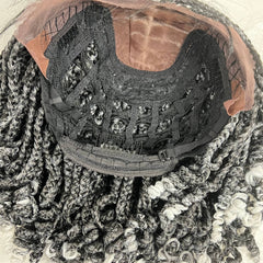 Handmade Box Braids Short Curls Braided Lace Front Wig With Curly Ends Grey