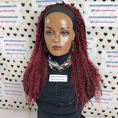 Pelucas con diadema trenzadas, trenzas de caja de diosa con pelo rizado sintético, rojo burdeos