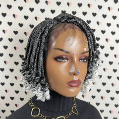 Handmade Box Braids Short Curls Braided Lace Front Wig With Curly Ends Grey
