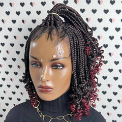 Handmade Box Braids Short Curls Curly Braid Braided Lace Front Wig Ombre Red