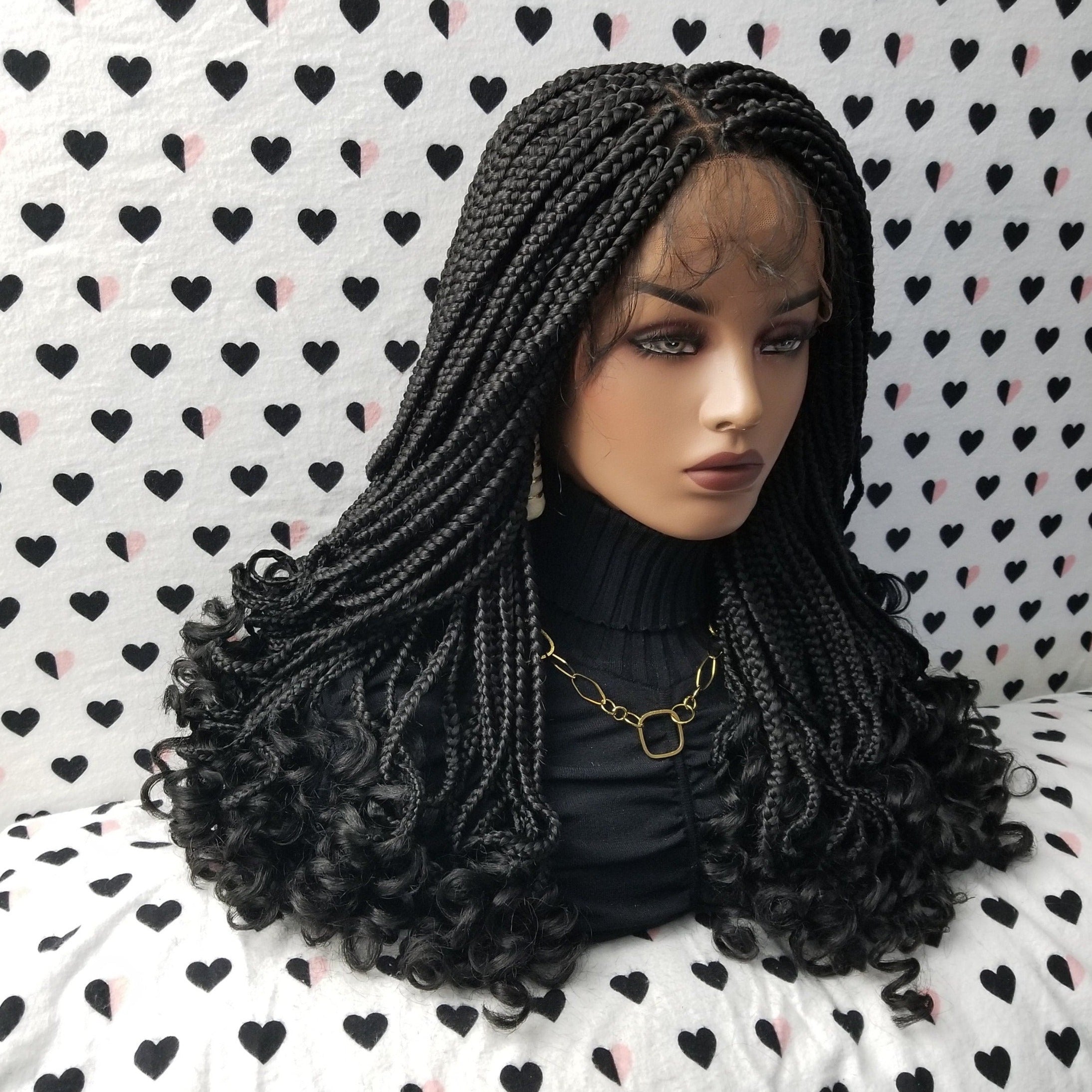 Goddess Box Braids Braided Lace Front Wigs For Black Women With Curly Ends Color 1b Black