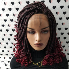 Handmade Box Braid Braided Lace Front Wig With Curly Ends Color 1b/Bug Red Ombre