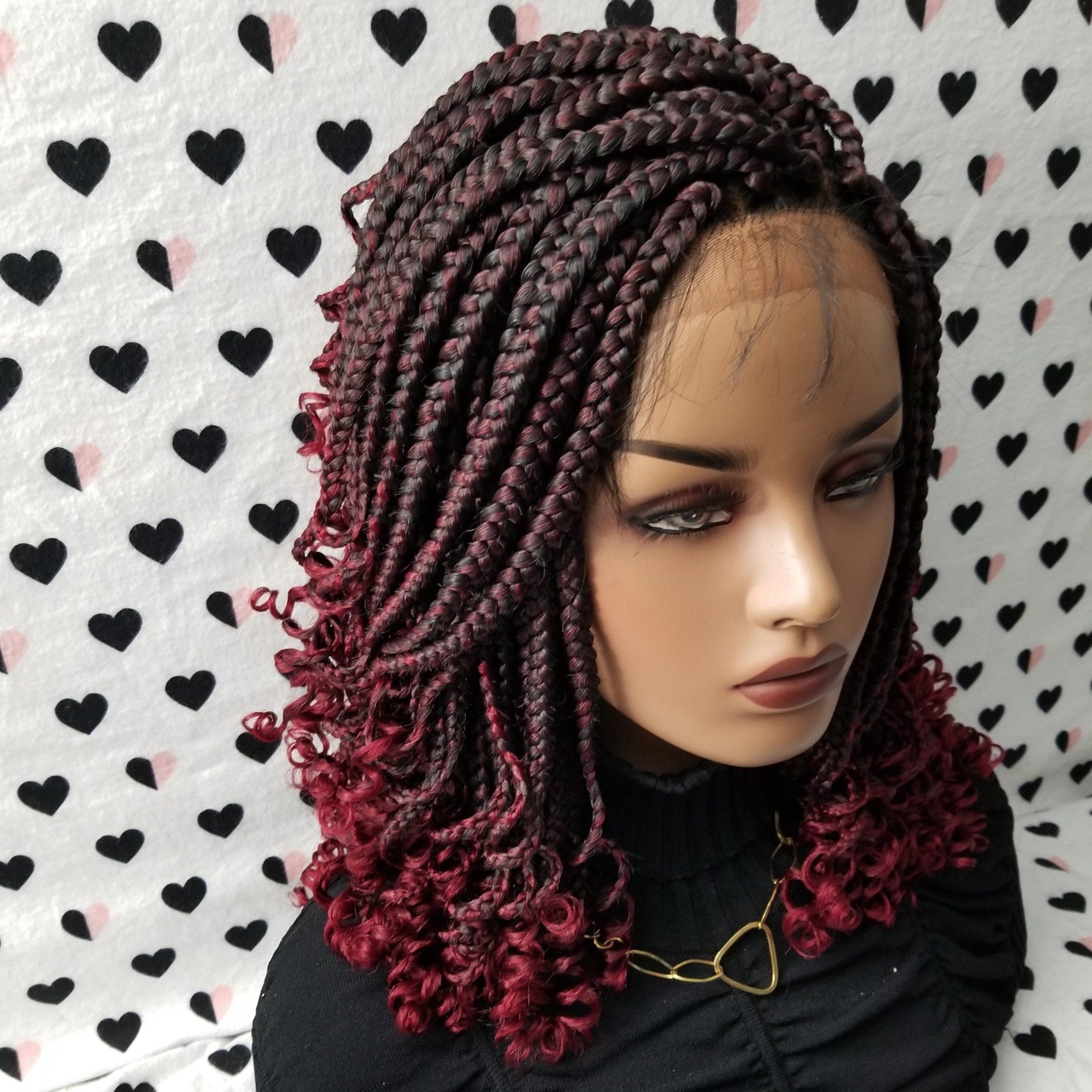 Handmade Box Braid Braided Lace Front Wig With Curly Ends Color 1b/Bug Red Ombre