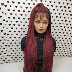 Ponytail High Bun Tiny Twist Braids Wig Braided Full Lace Wigs For Black Women Burgundy Red