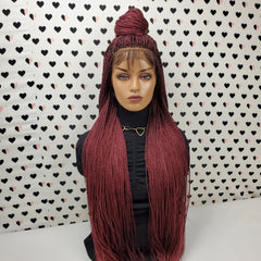 Ponytail High Bun Tiny Twist Braids Wig Braided Full Lace Wigs For Black Women Burgundy Red
