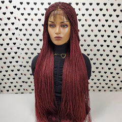 Ponytail High Bun Tiny Twist Braids Wig Braided Full Lace Wigs For Black Women Burgundy Red