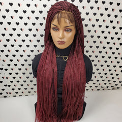 Ponytail High Bun Tiny Twist Braids Wig Braided Full Lace Wigs For Black Women Burgundy Red