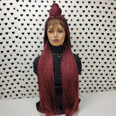 Ponytail High Bun Tiny Twist Braids Wig Braided Full Lace Wigs For Black Women Burgundy Red