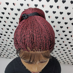 Ponytail High Bun Tiny Twist Braids Wig Braided Full Lace Wigs For Black Women Burgundy Red