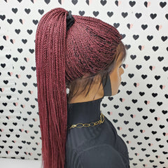 Ponytail High Bun Tiny Twist Braids Wig Braided Full Lace Wigs For Black Women Burgundy Red