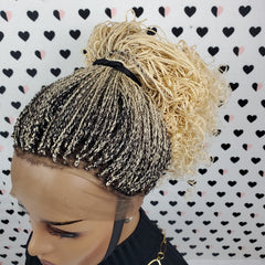 360 Lace Frontal Ponytail High Bun Tiny Twist Curly Braided Lace Wig Color 613 / Black