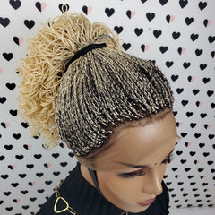 360 Lace Frontal Ponytail High Bun Tiny Twist Curly Braided Lace Wig Color 613 / Black