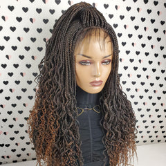 Handmade Braided Lace Wig, Goddess Box Braids Lace Front Wig With Curly Waves Color 1b/30 Ombre