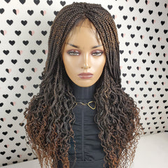 Handmade Braided Lace Wig, Goddess Box Braids Lace Front Wig With Curly Waves Color 1b/30 Ombre