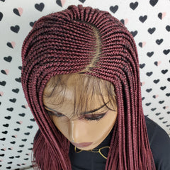 Cornrow Fulani Feedin Braided Box Braids Lace Front Wig Braid wigs Color Burgundy