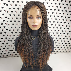 Handmade Braided Lace Wig, Goddess Box Braids Lace Front Wig With Curly Waves Color 1b/30 Ombre