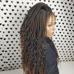 Handmade Braided Lace Wig, Goddess Box Braids Lace Front Wig With Curly Waves Color 1b/30 Ombre