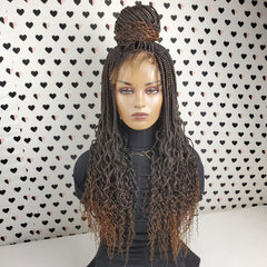 Handmade Braided Lace Wig, Goddess Box Braids Lace Front Wig With Curly Waves Color 1b/30 Ombre