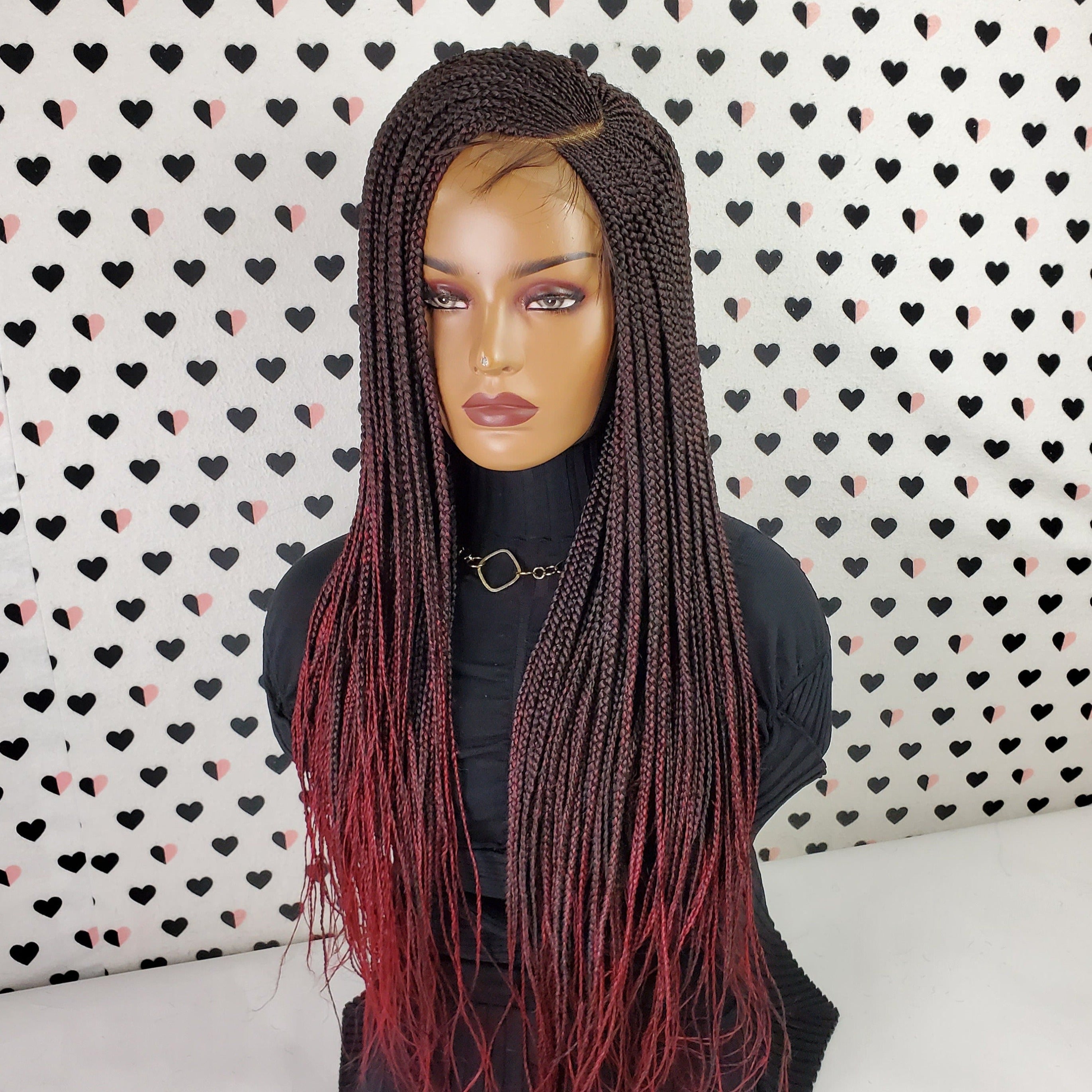 C Cut Cornrow Feedin Box Braids Braided Lace Front Wig Braid wigs Color 1b/Burgundy Ombre 26 Inches