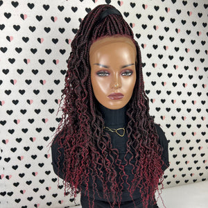 13x4 Lace Frontal Goddess Box Braid Lace Front Wig With Curly Tip Ends Color 1b/burgundy Ombre