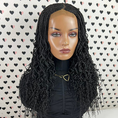 Handmade Box Braid Cornrows Braided Lace Closure Wig With Curly Ends Color 1b Black 18 Inches