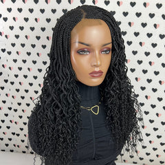 Handmade Box Braid Cornrows Braided Lace Closure Wig With Curly Ends Color 1b Black 18 Inches