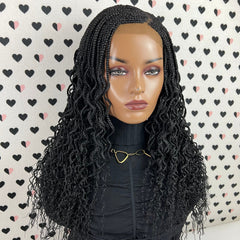 Handmade Box Braid Cornrows Braided Lace Closure Wig With Curly Ends Color 1b Black 18 Inches