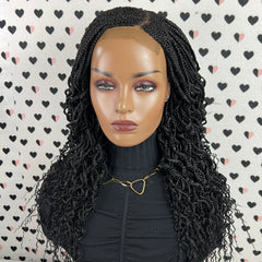 Handmade Box Braid Cornrows Braided Lace Closure Wig With Curly Ends Color 1b Black 18 Inches
