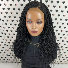 Handmade Box Braid Cornrows Braided Lace Closure Wig With Curly Ends Color 1b Black 18 Inches