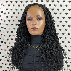 Handmade Box Braid Cornrows Braided Lace Closure Wig With Curly Ends Color 1b Black 18 Inches