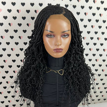 Handmade Box Braid Cornrows Braided Lace Closure Wig With Curly Ends Color 1b Black 18 Inches