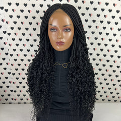 Box Braids Curly Braids Braided Lace Front Wig With Curly Ends, Wavy Waves Long Braid Wigs For Black Women 1b Black