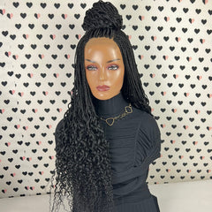 Box Braids Curly Braids Braided Lace Front Wig With Curly Ends, Wavy Waves Long Braid Wigs For Black Women 1b Black