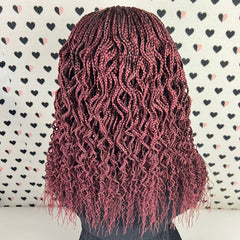 Cornrows Ondulado Rizado Caja Trenzada Pelucas Para Mujeres Negras Cierre De Encaje Peluca Diosa Boho Trenza Borgoña Rojo 16 Pulgadas