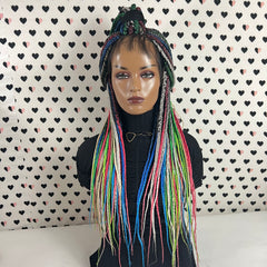 MultiColored Box Braided Wigs Lace Closure Frontal Hand Braided Handmade Braidwigs Box Braids Wig Rainbow Color