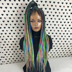 MultiColored Box Braided Wigs Lace Closure Frontal Hand Braided Handmade Braidwigs Box Braids Wig Rainbow Color