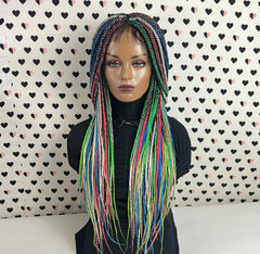 MultiColored Box Braided Wigs Lace Closure Frontal Hand Braided Handmade Braidwigs Box Braids Wig Rainbow Color