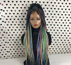 MultiColored Box Braided Wigs Lace Closure Frontal Hand Braided Handmade Braidwigs Box Braids Wig Rainbow Color